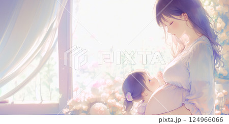 物思いにふける妊婦。水彩画。イラスト。 124966066