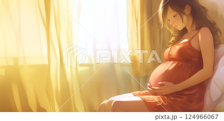 物思いにふける妊婦。水彩画。イラスト。 124966067