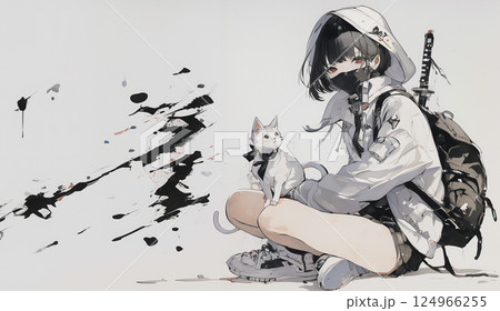現代風の忍者の女性。水彩画。イラスト。 124966255