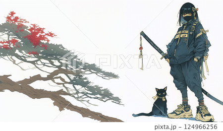 現代風の忍者の女性。水彩画。イラスト。のイラスト素材 [124966256