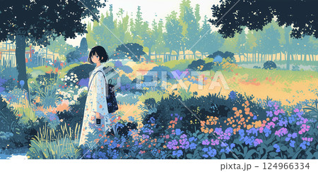 植物試験場で働く女性。水彩画。イラスト。 124966334