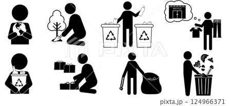 環境保護とリサイクル活動を表現するエコライフピクトグラムセット 環境保護とリサイクル活動を表現するエコライフピクトグラムセット 124966371