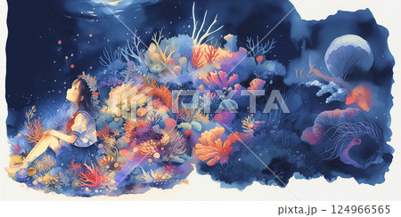 サンゴを守る女性。水彩画。イラスト。 サンゴを守る女性。水彩画。イラスト。 124966565