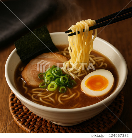 醤油ラーメンを箸で摘む 醤油ラーメンを箸で摘む 124967382