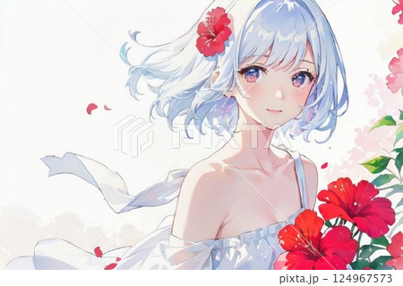 ハイビスカスと笑顔の少女　水彩画風 124967573