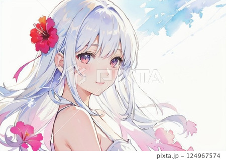 ハイビスカスの髪飾りの少女　水彩画風 124967574
