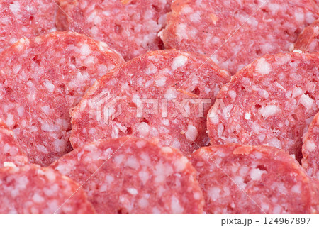 Sliced smoked sausage as a background thin focus part. Sliced smoked sausage as a background thin focus part. 124967897