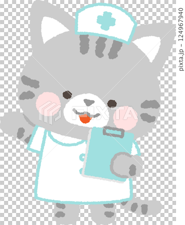 一隻虎斑貓護士拿著寫字板發出指示 124967940