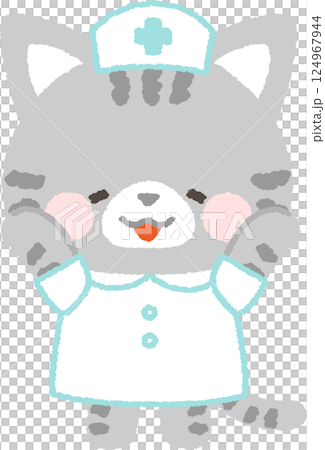 A tabby cat nurse happily raising both hands A tabby cat nurse happily raising both hands 124967944