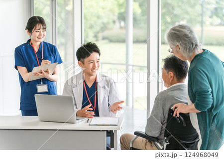 病院の診察に来た老夫婦と医者・看護師(診療・診察・問診・人間ドック・健康診断) 病院の診察に来た老夫婦と医者・看護師(診療・診察・問診・人間ドック・健康診断) 124968049
