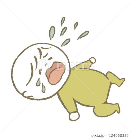 寝転んで泣く赤ちゃん　黄色 124968323