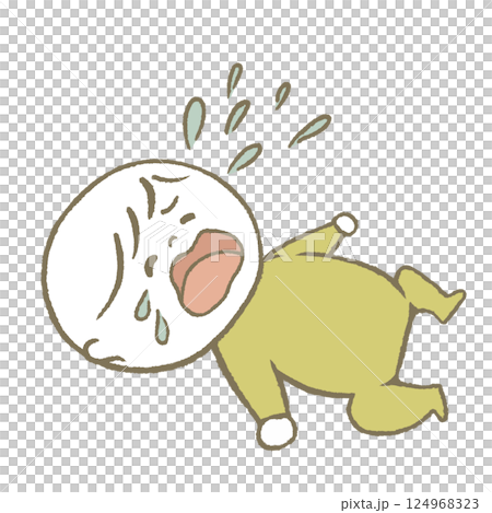 寝転んで泣く赤ちゃん　黄色 124968323