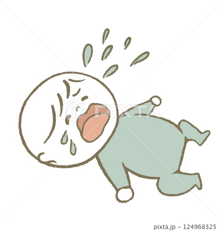 寝転んで泣く赤ちゃん　水色 124968325