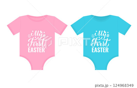 My first Easter lettering on baby onesie for girl and for boy. Easter celebration typography poster. Vector template for greeting card, banner, sign, etc. My first Easter lettering on baby onesie for girl and for boy. Easter celebration typography poster. Vector template for greeting card, banner, sign, etc. 124968349