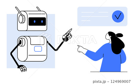 A robot and a human both pointing at a checklist. Both figures appear engaged in a collaborative task. Ideal for technology, teamwork, AI integration, automation, and future tech advancements. Modern 124969007