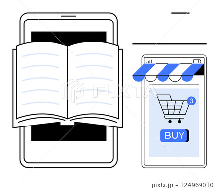 A stylized image of a smartphone displaying an open book, accompanied by a mobile shopping interface with a cart icon and a buy button. Ideal for online shopping, e-books, mobile commerce, digital A stylized image of a smartphone displaying an open book, accompanied by a mobile shopping interface with a cart icon and a buy button. Ideal for online shopping, e-books, mobile commerce, digital 124969010
