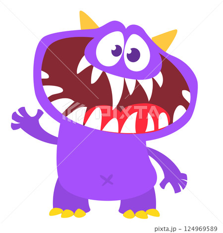 Funny cartoon monster character. Illustration of cute and happy alien creature for Halloween party decoration or package design. Vector isolated Funny cartoon monster character. Illustration of cute and happy alien creature for Halloween party decoration or package design. Vector isolated 124969589