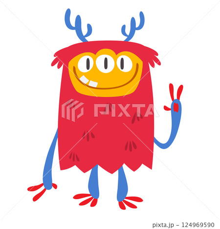 Funny cartoon monster character. Illustration of cute and happy alien creature for Halloween party decoration or package design. Vector isolated 124969590