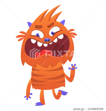 Funny cartoon monster character. Illustration of cute and happy alien creature for Halloween party decoration or package design. Vector isolated Funny cartoon monster character. Illustration of cute and happy alien creature for Halloween party decoration or package design. Vector isolated 124969599