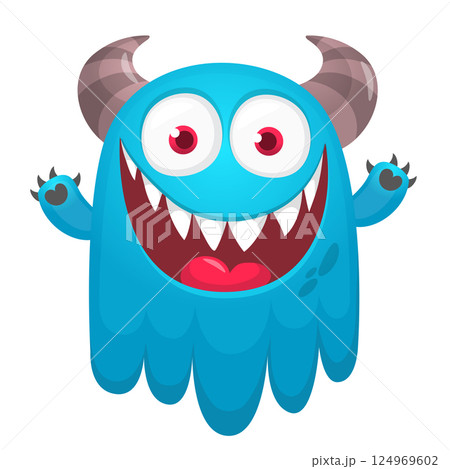Funny cartoon monster character. Illustration of cute and happy alien creature for Halloween party decoration or package design. Vector isolated 124969602