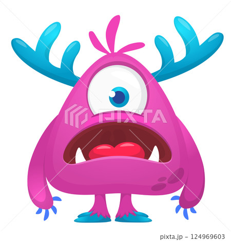 Funny cartoon monster character. Illustration of cute and happy alien creature for Halloween party decoration or package design. Vector isolated 124969603