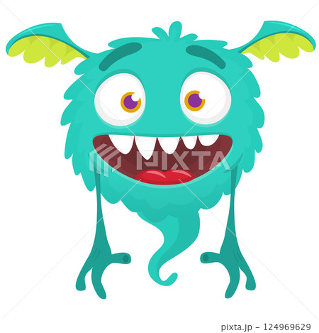 Funny cartoon monster character. Illustration of cute and happy alien creature for Halloween party decoration or package design. Vector isolated 124969629