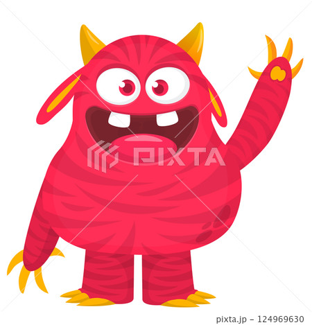 Funny cartoon monster character. Illustration of cute and happy alien creature for Halloween party decoration or package design. Vector isolated 124969630