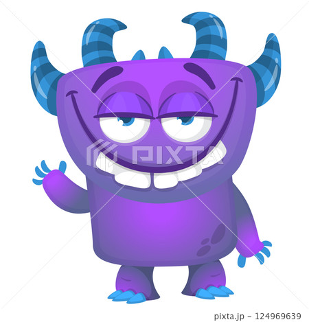 Funny cartoon monster character. Illustration of cute and happy alien creature for Halloween party decoration or package design. Vector isolated 124969639
