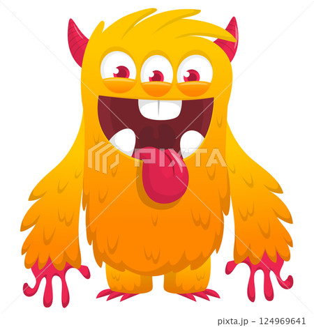 Funny cartoon monster character. Illustration of cute and happy alien creature for Halloween party decoration or package design. Vector isolated Funny cartoon monster character. Illustration of cute and happy alien creature for Halloween party decoration or package design. Vector isolated 124969641