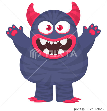 Funny cartoon monster character. Illustration of cute and happy alien creature for Halloween party decoration or package design. Vector isolated Funny cartoon monster character. Illustration of cute and happy alien creature for Halloween party decoration or package design. Vector isolated 124969647