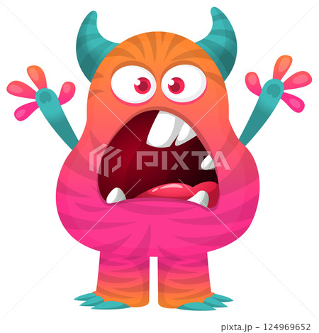 Funny cartoon monster character. Illustration of cute and happy alien creature for Halloween party decoration or package design. Vector isolated Funny cartoon monster character. Illustration of cute and happy alien creature for Halloween party decoration or package design. Vector isolated 124969652
