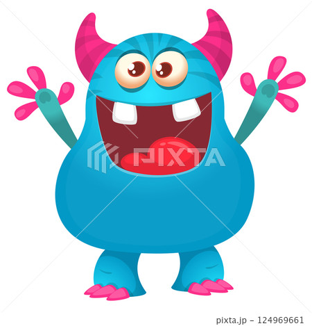 Funny cartoon monster character. Illustration of cute and happy alien creature for Halloween party decoration or package design. Vector isolated Funny cartoon monster character. Illustration of cute and happy alien creature for Halloween party decoration or package design. Vector isolated 124969661
