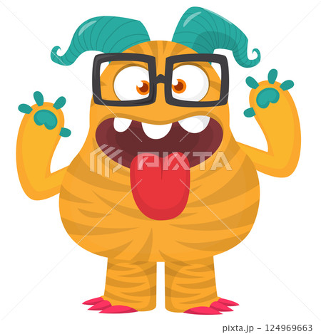 Funny cartoon monster character. Illustration of cute and happy alien creature for Halloween party decoration or package design. Vector isolated Funny cartoon monster character. Illustration of cute and happy alien creature for Halloween party decoration or package design. Vector isolated 124969663