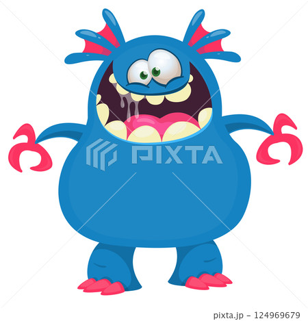 Funny cartoon monster character. Illustration of cute and happy alien creature for Halloween party decoration or package design. Vector isolated 124969679