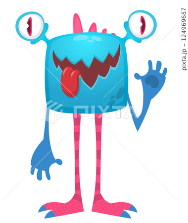 Funny cartoon monster character. Illustration of cute and happy alien creature for Halloween party decoration or package design. Vector isolated 124969687