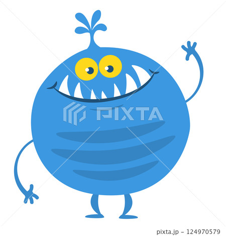 Funny cartoon monster character. Illustration of cute and happy alien creature for Halloween party decoration or package design. Vector isolated 124970579
