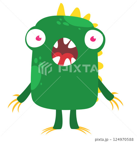 Funny cartoon monster character. Illustration of cute and happy alien creature for Halloween party decoration or package design. Vector isolated 124970588