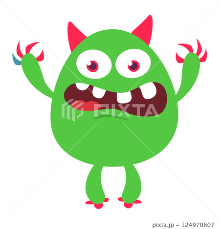 Funny cartoon monster character. Illustration of cute and happy alien creature for Halloween party decoration or package design. Vector isolated 124970607