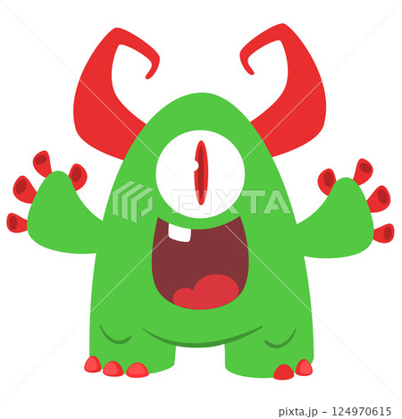 Funny cartoon monster character. Illustration of cute and happy alien creature for Halloween party decoration or package design. Vector isolated 124970615