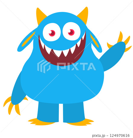 Funny cartoon monster character. Illustration of cute and happy alien creature for Halloween party decoration or package design. Vector isolated 124970616