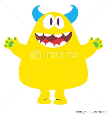 Funny cartoon monster character. Illustration of cute and happy alien creature for Halloween party decoration or package design. Vector isolated Funny cartoon monster character. Illustration of cute and happy alien creature for Halloween party decoration or package design. Vector isolated 124970633