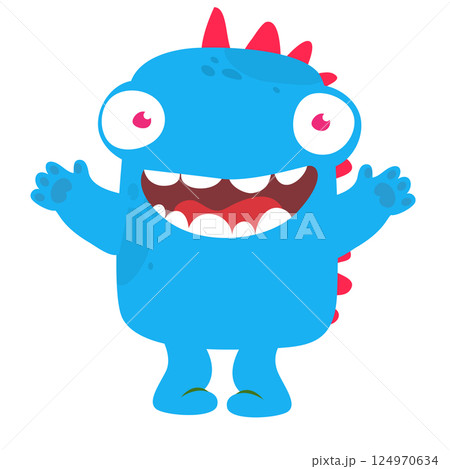 Funny cartoon monster character. Illustration of cute and happy alien creature for Halloween party decoration or package design. Vector isolated 124970634