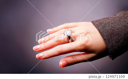 a finger wearing a sparkling oval cut diamond ring on a silver band, suggesting themes of engagement, love, or luxury, Potential search terms include diamond ring close up, wedding jewelry 124971109