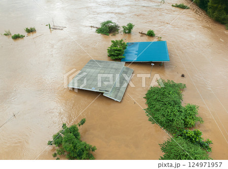 Aerial view of a flood in Southeast asian due to heavy rains and La Nina phenomenon. 124971957