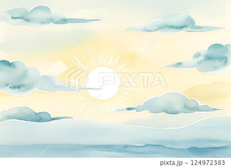 ほのぼのした絵柄の雲と太陽の風景イラスト 124972383
