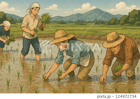 田植えをする農家の男性 124972734