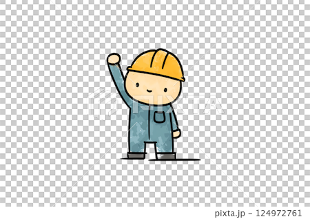 工事現場でガッツポーズをする笑顔の作業員キャラクター 124972761