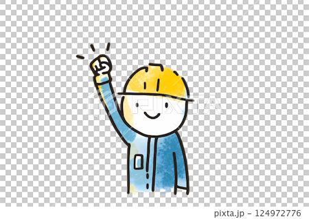 工事現場でガッツポーズをする笑顔の作業員キャラクター 124972776