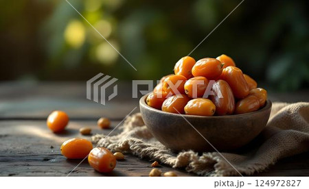Dates in a wooden bowl on a wooden table, representing the essence of Ramadan Kareem and the richness of palm fruit 124972827