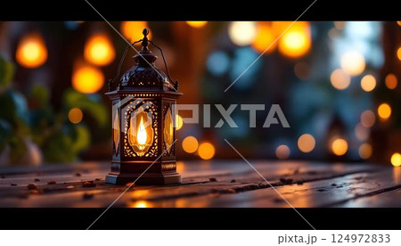 A lantern resting on a wooden table, illuminated by candles, representing the festive ambiance of Ramadan Kareem A lantern resting on a wooden table, illuminated by candles, representing the festive ambiance of Ramadan Kareem 124972833